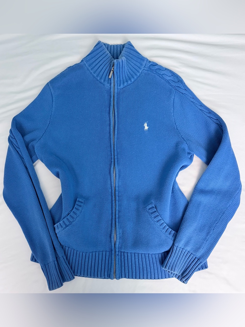 Vintage Ralph Lauren Sport Royal Blue Size Medium Retro Knit Cardigan Sweater